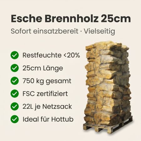 88 Netze kammergetrocknetes gespalten Esche Brennholz 25cm 1.25 RM / 2.0 SRM