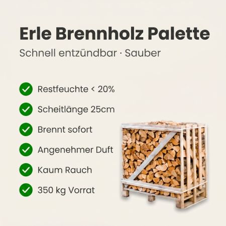 Halbe palette kammergetrocknetes gespalten Erle Brennholz 25cm