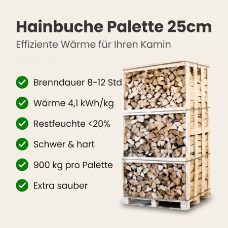 Palette kammergetrocknetes gespalten Hainbuche Brennholz 25cm