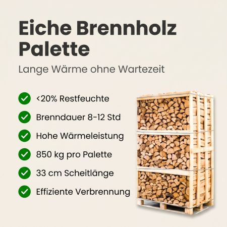 Palette kammergetrocknetes gespalten Eiche Brennholz 33cm