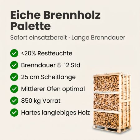 Palette kammergetrocknetes gespalten Eiche Brennholz 25cm