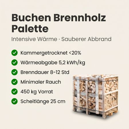 Halbe Palette kammergetrocknetes gespalten Buchen Brennholz 25 cm