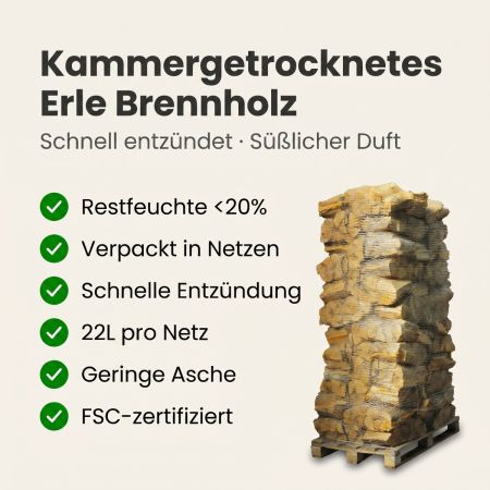 88 Netze kammergetrocknetes gespalten Erle Brennholz 25cm 1.25 RM / 2.0 SRM