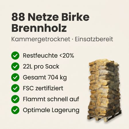 88 Netze Kammergetrocknetes gespalten Birke Brennholz 25cm 1.25 RM / 2.0 SRM